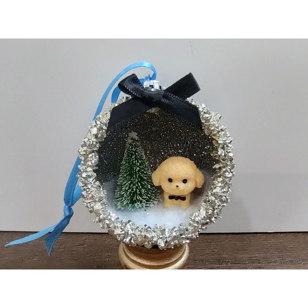 Dog Christmas Ornament Handmade Vtg Style OOAK Shatterproof Poodle Diorama O7